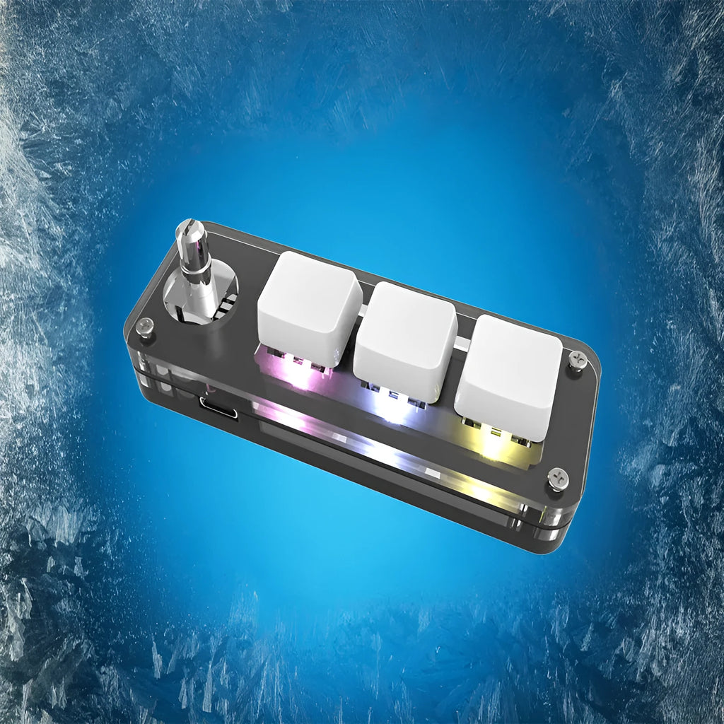 Black custom mechanical keypad with RGB backlighting and dedicated copy paste keys on desk