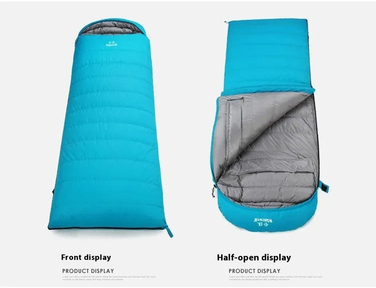 Black down sleeping bag with envelope structure and white goose down filler