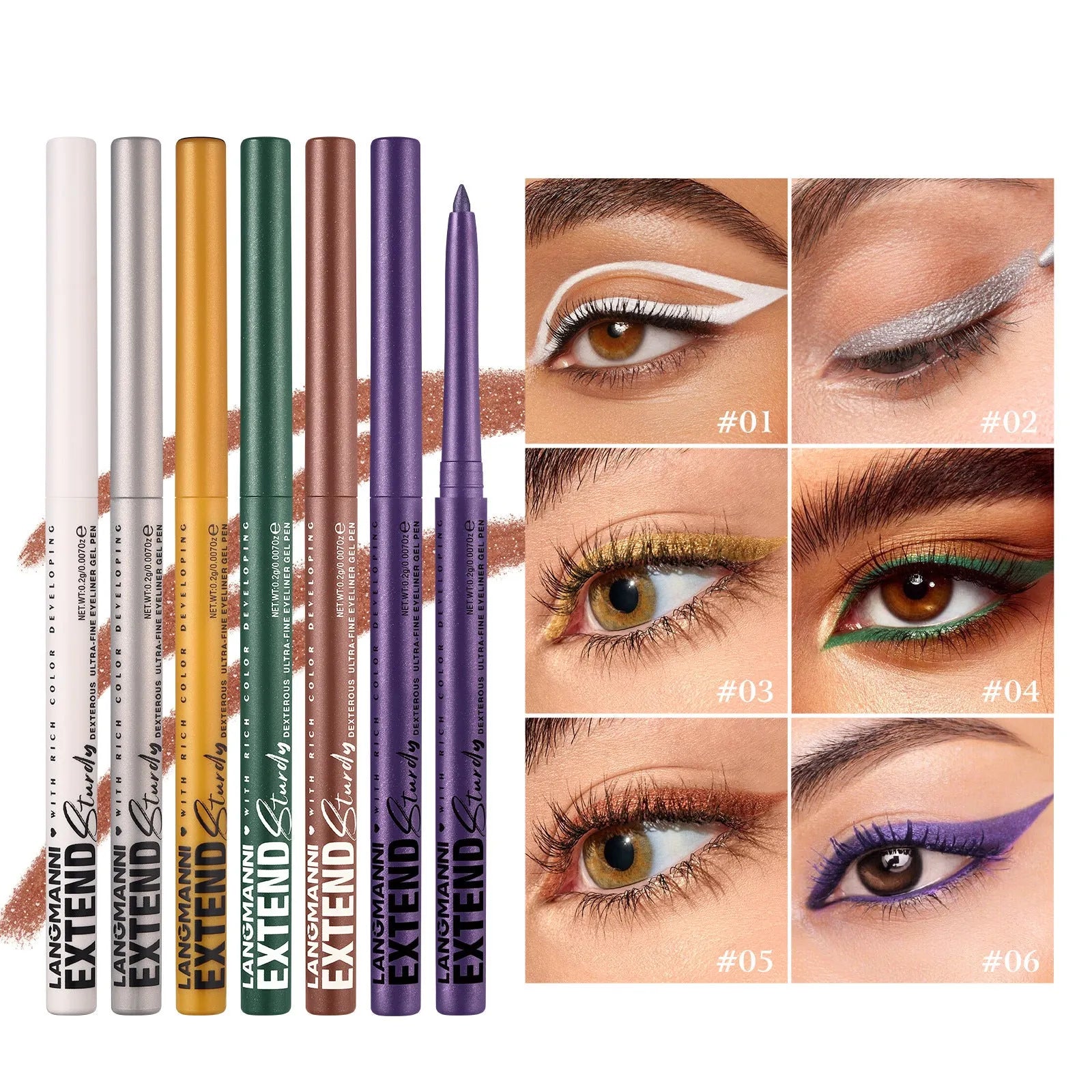12 colourful gel glitter eyeliner pencils in vibrant shades including matte, glitter, metallic and pearl effects