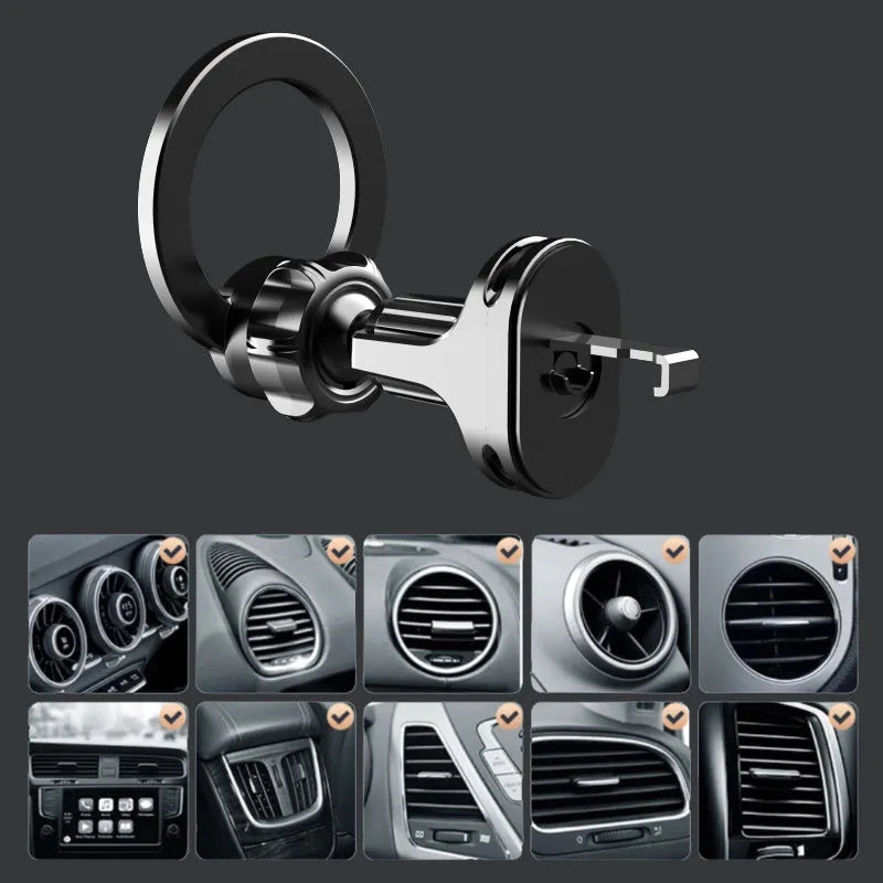 Black magnetic car phone holder with O-ring bracket for mounting phones up to 6.8 inches in vehicles