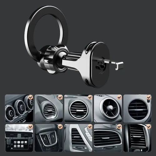 Black magnetic car phone holder with O-ring bracket for mounting phones up to 6.8 inches in vehicles