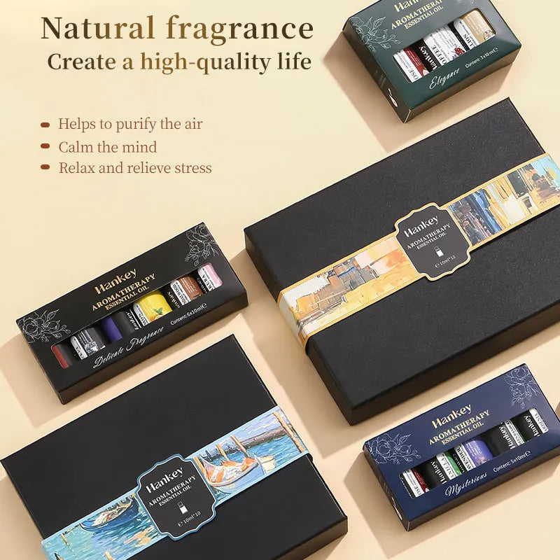 Boxed water-soluble aromatherapy essential oil set with multiple fragrance bottles