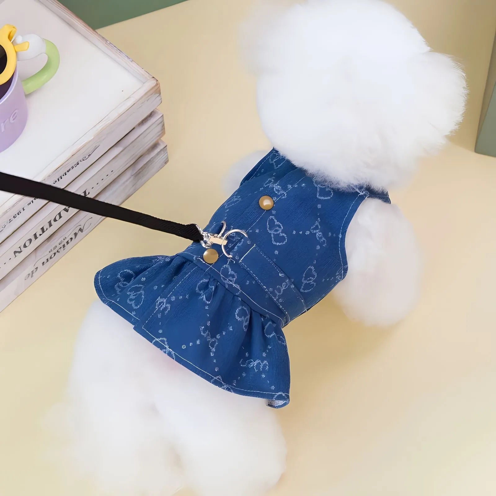 Denim blue princess dress for small dog with bracket skirt style on Bichon Frise