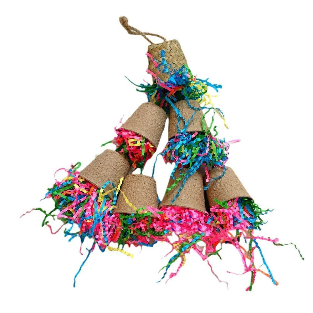 Palm leaf woven paper cup shaped parrot gnawing toy hanging at 38cm height