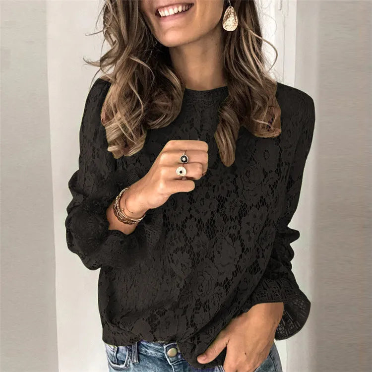 Women's hollow lace shirt loose fit streetwear in multiple colours with round neck collar