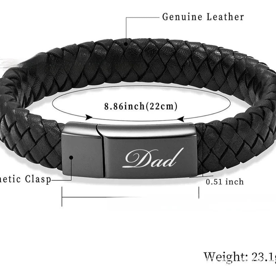 Black leather and stainless steel casket bracelet for memorial ashes with personalised engraving