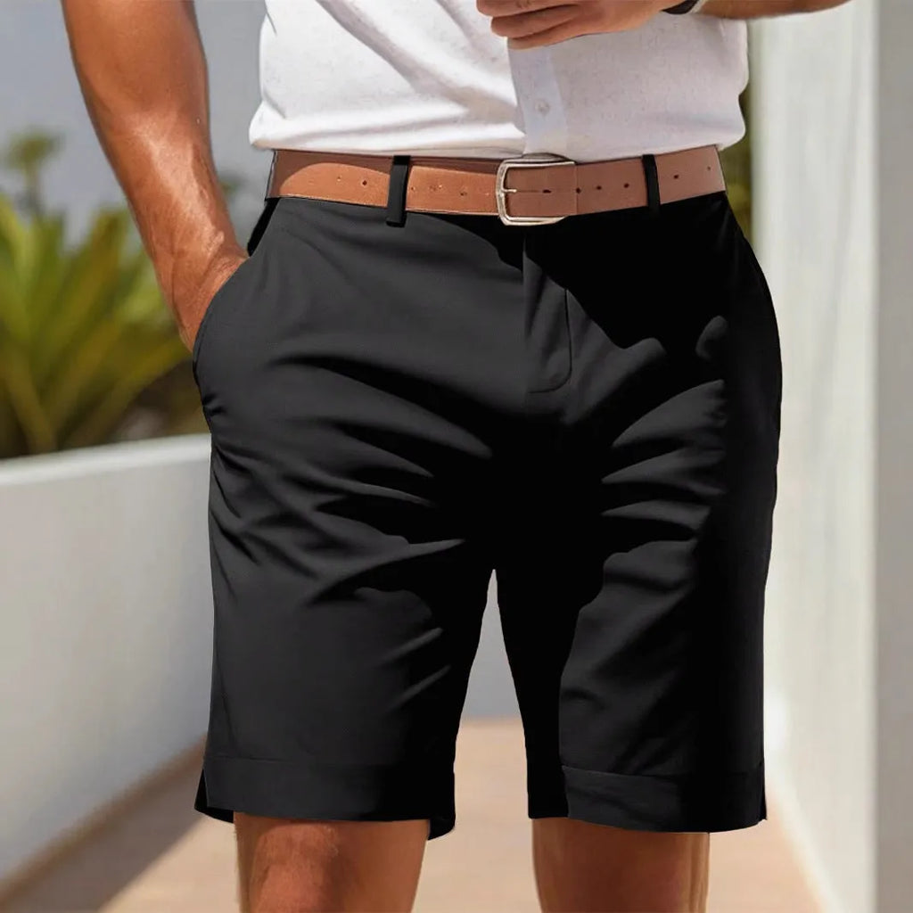 Men's light grey business suit shorts with straight-leg cut on a hanger.