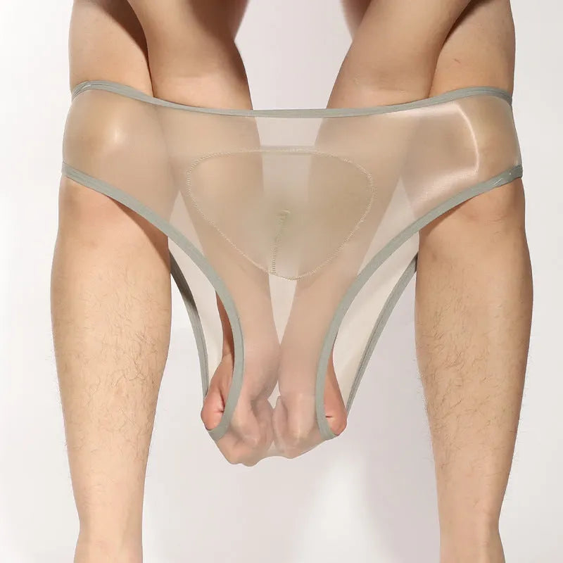 Men's silky nylon briefs with bullet separation in black, shown on a mannequin.