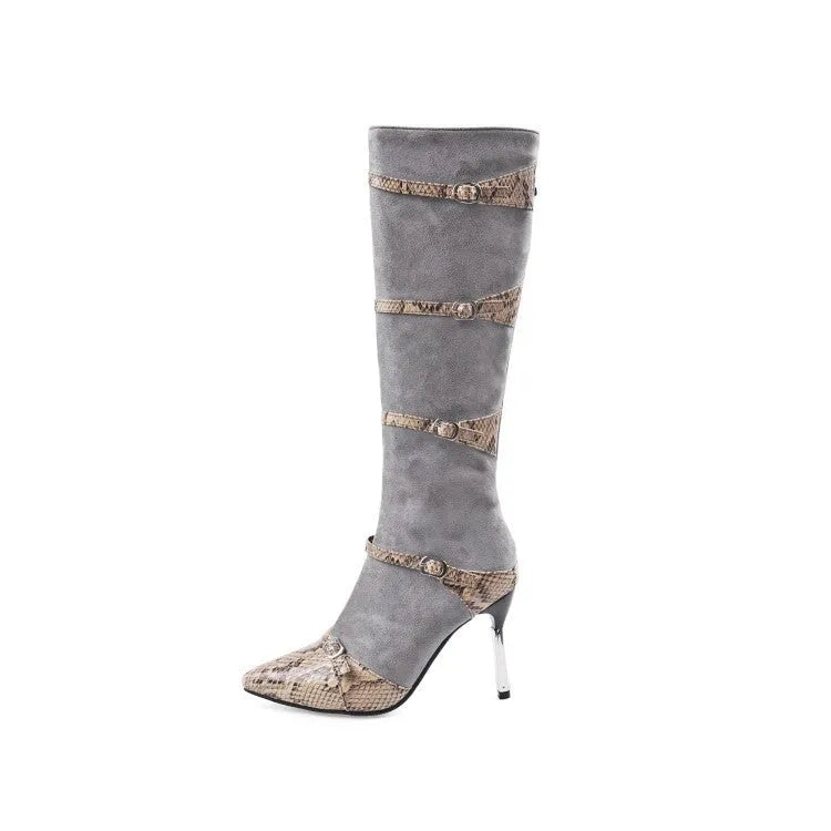 Grey women's knee-high boots with a thin high heel on a rubber sole.