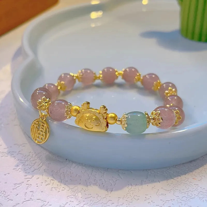 Women's floral glazed bracelet with zodiac animal beads in red, pink and white pearl colour options