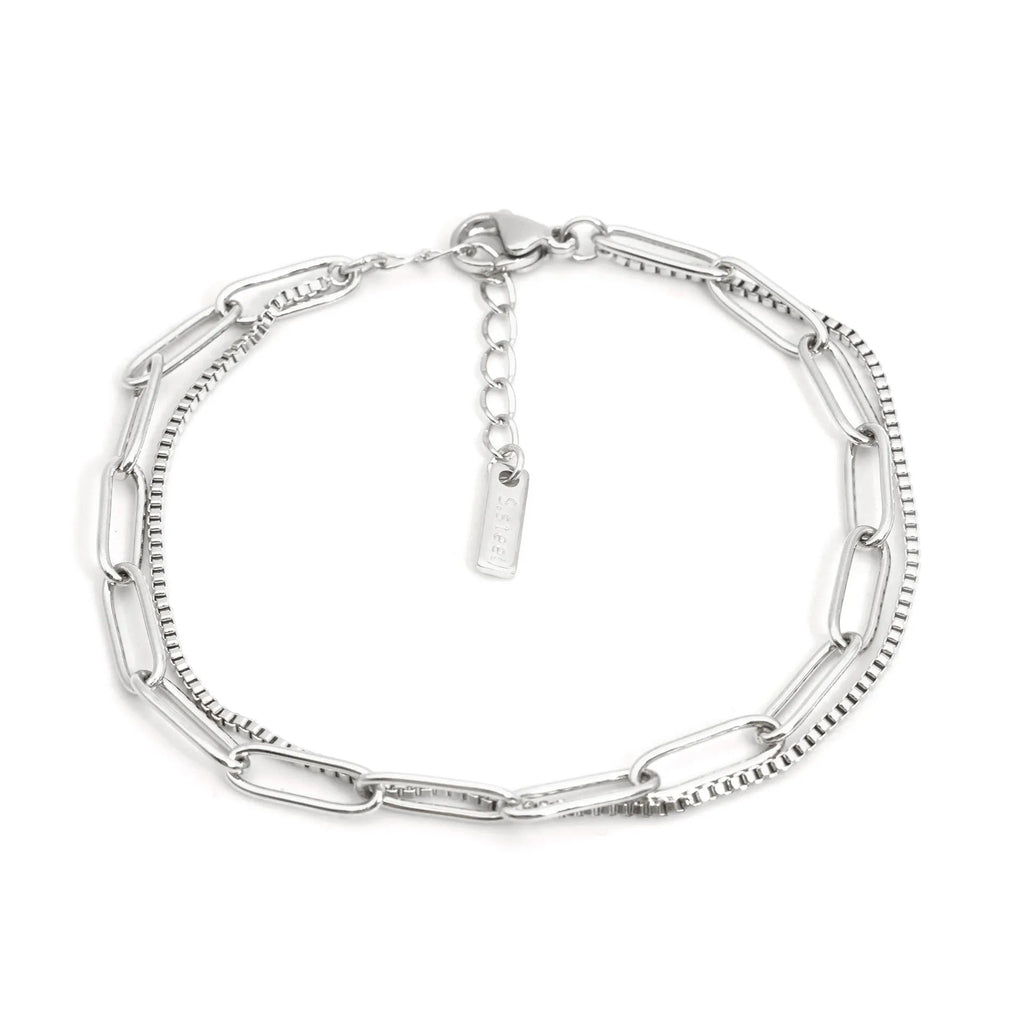 Women's double layer twin titanium steel bracelet with geometric line design in gold or silver