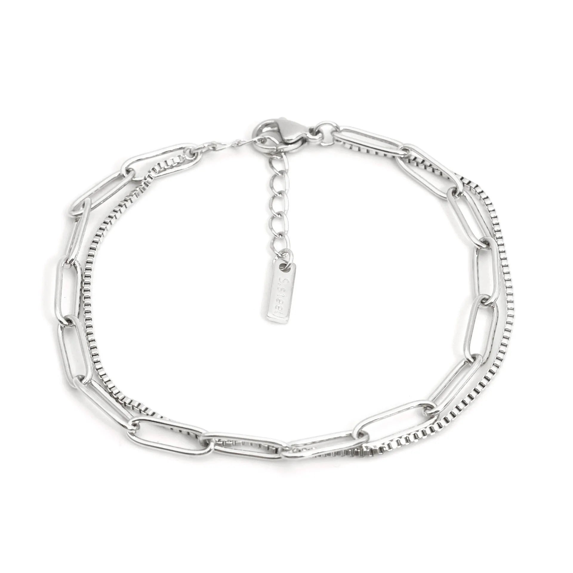 Women's double layer twin titanium steel bracelet with geometric line design in gold or silver