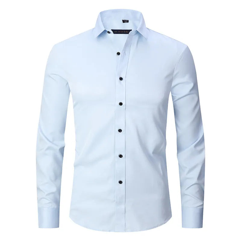 Men's long sleeve polyester stretch work shirt shown in multiple colour options