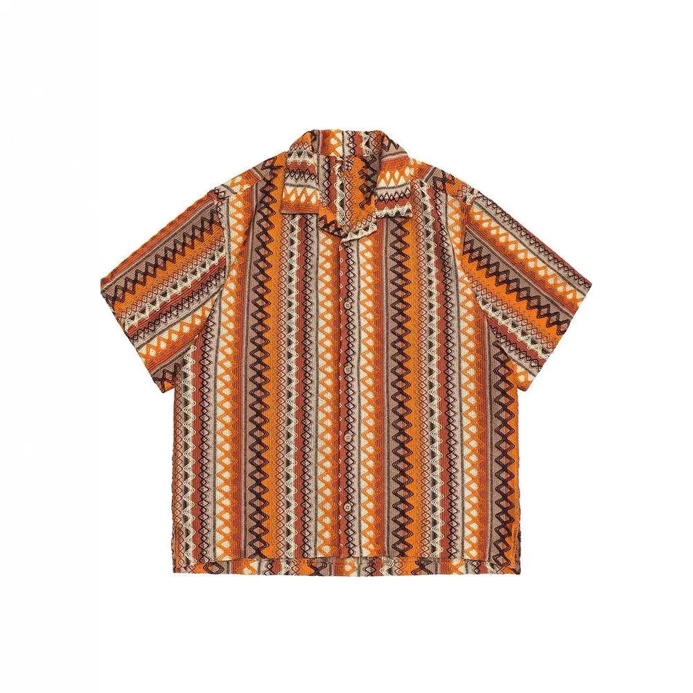 Ethnic style woven shirt with Cuban collar and drop shoulder sleeves in contrast colours