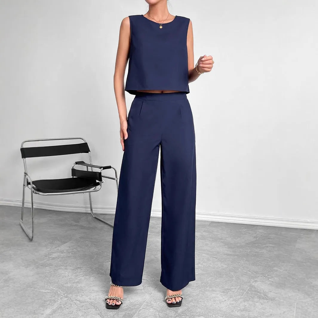 Women's red sleeveless top and wide-leg trousers two-piece set showing front view
