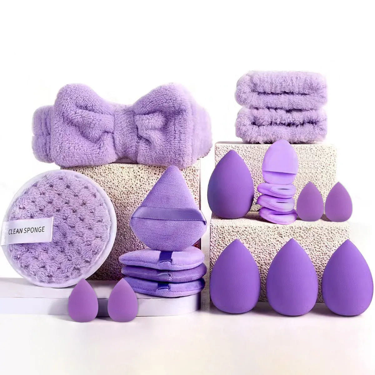Beauty tools combination suit for face wash and makeup in brown, pink, purple colours
