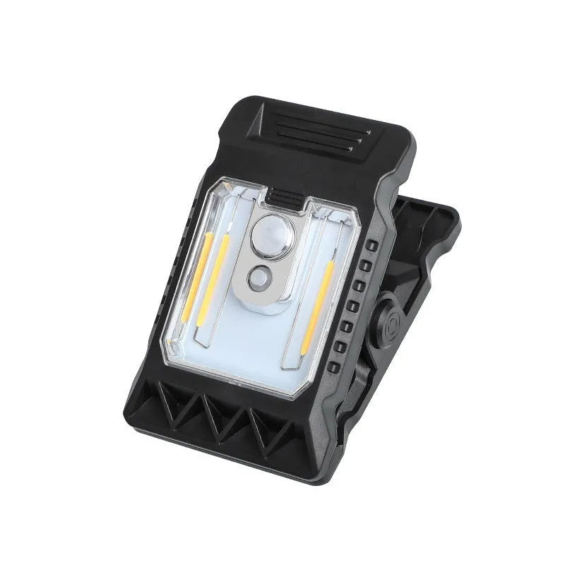 White ABS plastic clip lamp with motion sensor and LED light, shown with dimensions.