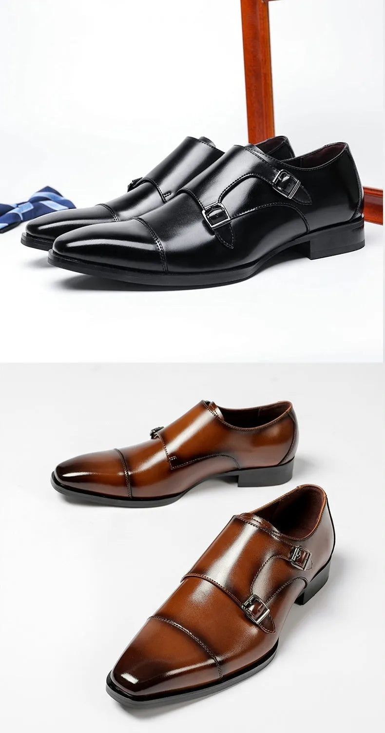 Men's black leather business shoes with square toe and rubber sole in British gentleman style