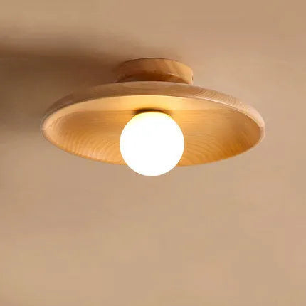 Modern solid wood and glass ceiling lamp in walnut colour showing three size options.