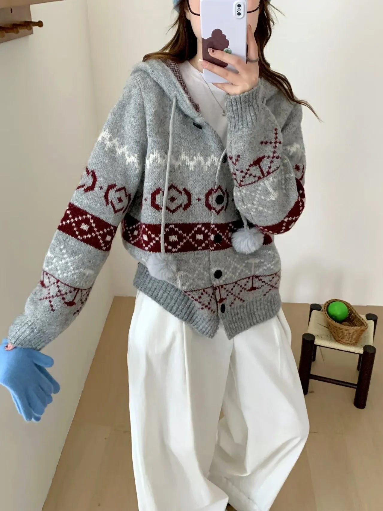 Grey geometric pattern brocade sweater coat for women, loose plus-size fit.