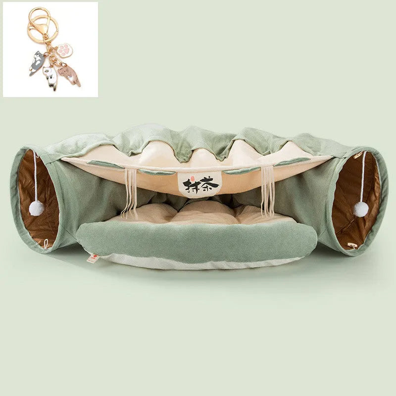 Collapsible cloth cat tunnel in Pink colour, shown extended for play.