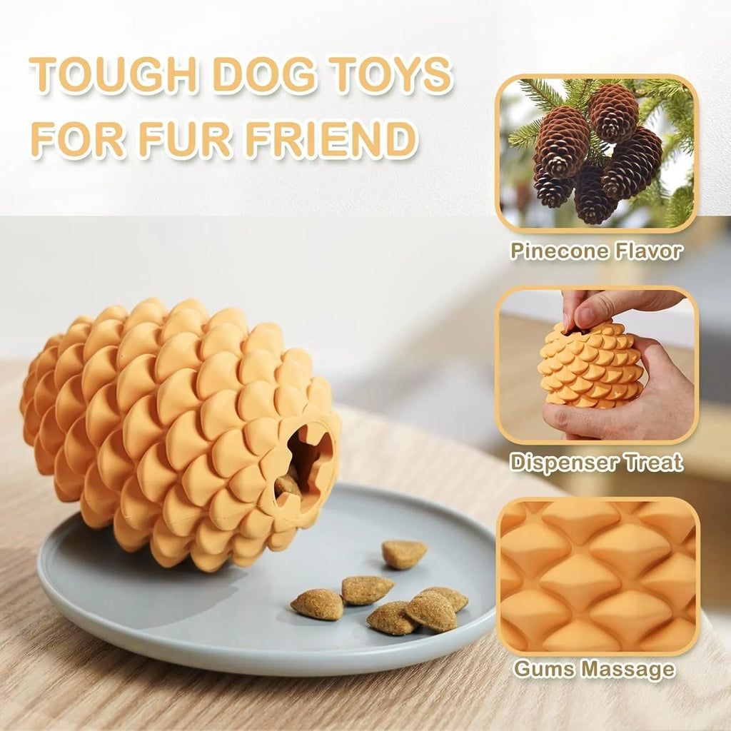 Yellow pine cone shaped natural rubber dog chew toy with textured surface and treat dispensing opening