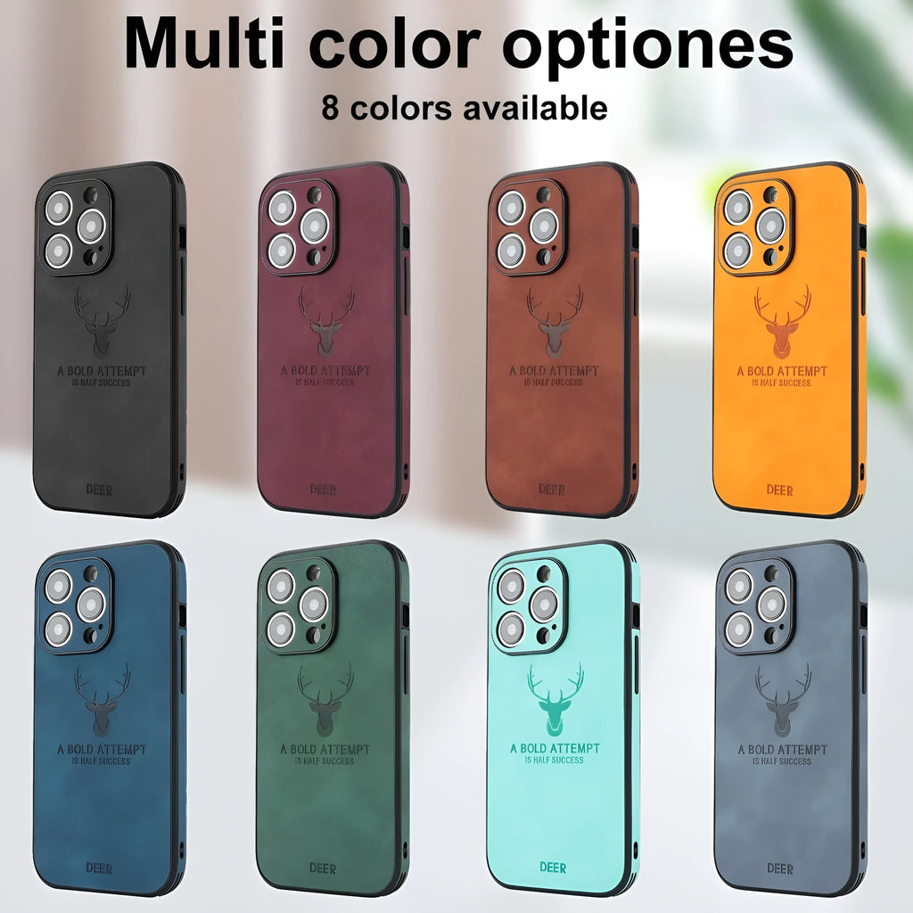 iPhone 16 magnetic charging case with embossed moose head design in imitation leather material, showing front and back views