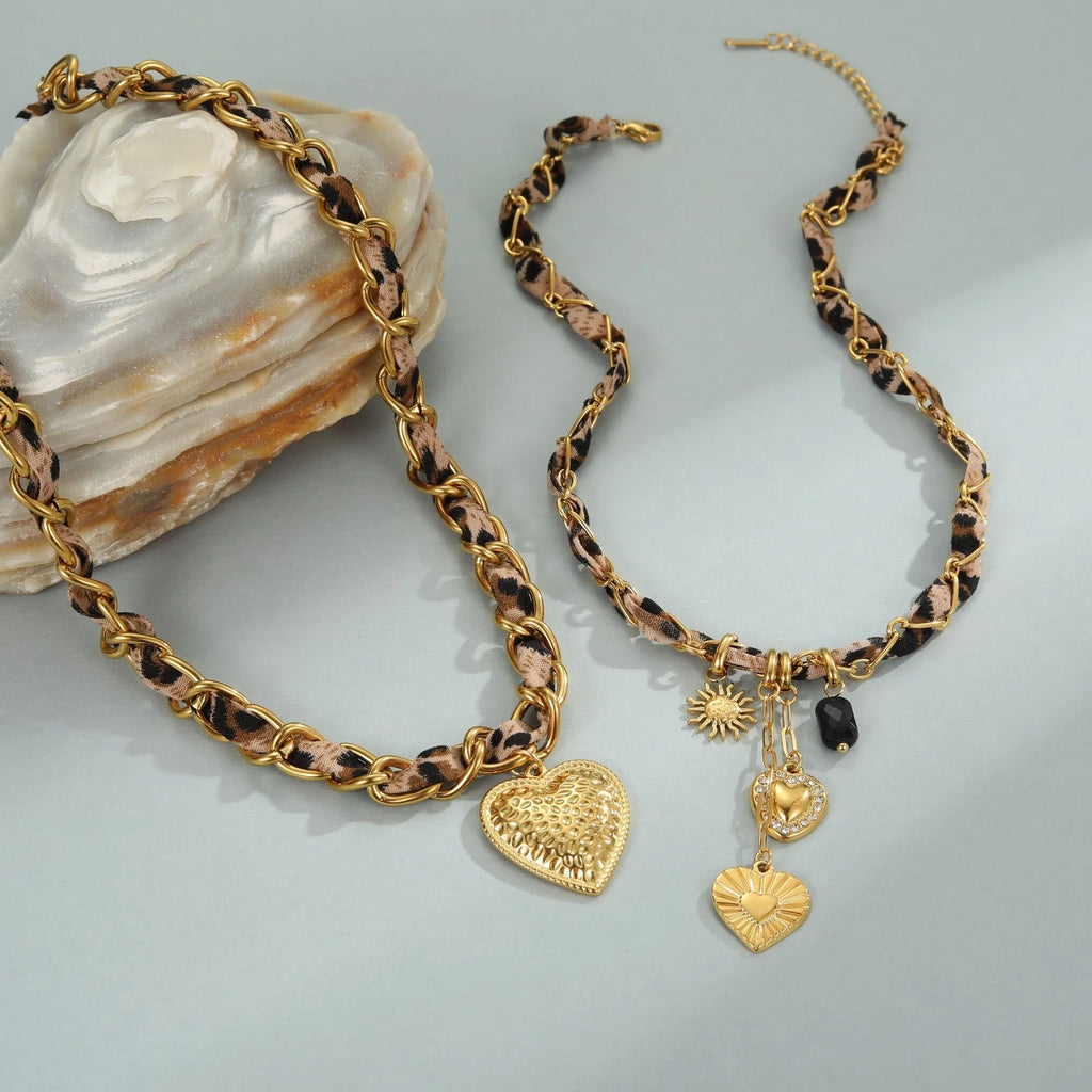Geometric leopard love pendant on stainless steel chain with 18K electroplated finish