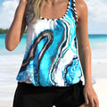 Blue tie-dyed floral women's two-piece swimsuit with separate top and shorts