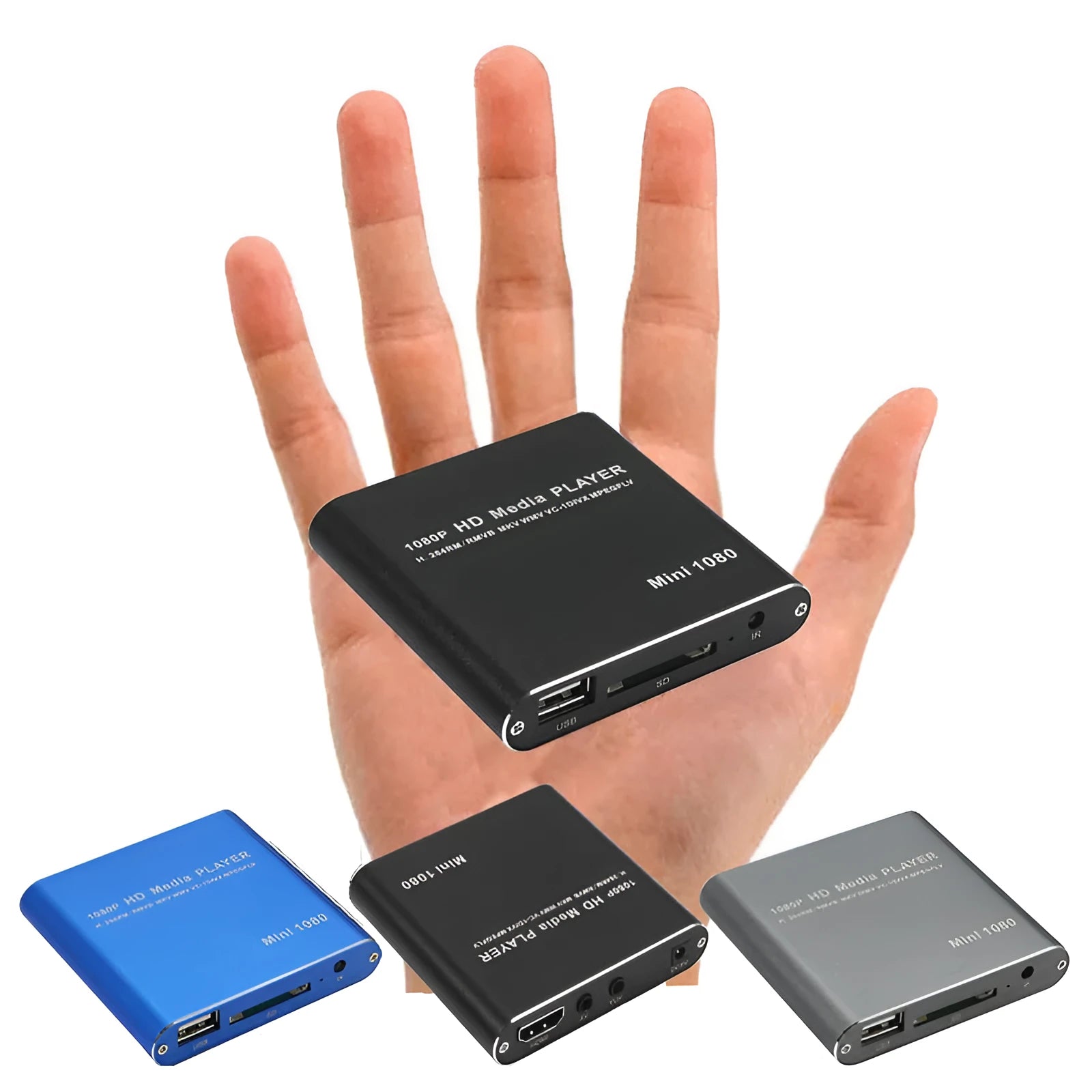 Blue 1080p HDMI media player with USB and SD card slots on compact all-metal chassis