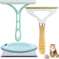 Three-piece pet hair remover set showing metal lint brush, silicone double-sided brush, and round ABS cleaner