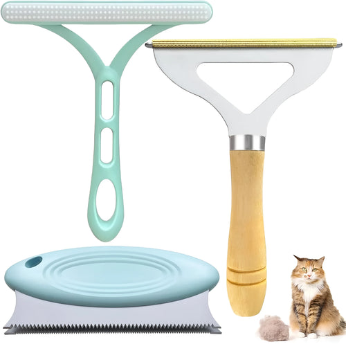 Three-piece pet hair remover set showing metal lint brush, silicone double-sided brush, and round ABS cleaner