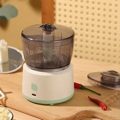 Mini electric meat grinder food processor in white or light green with transparent cup