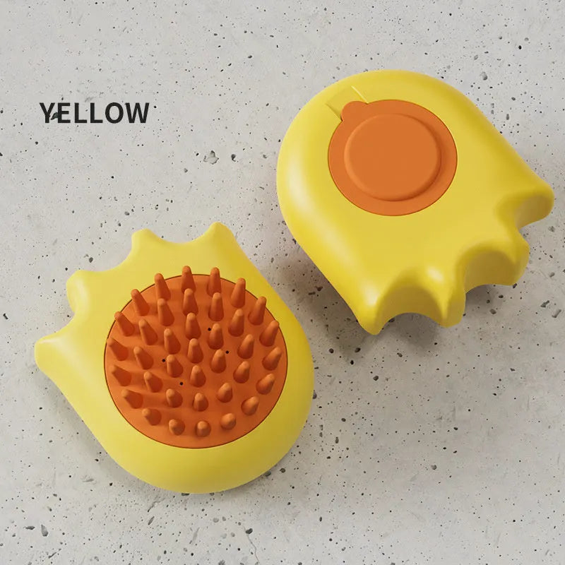 Pet bath brush with shampoo compartment in blue, orange or yellow colours