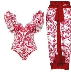 Women's one-piece swimsuit with matching skirt set in polyester fabric available in multiple colours