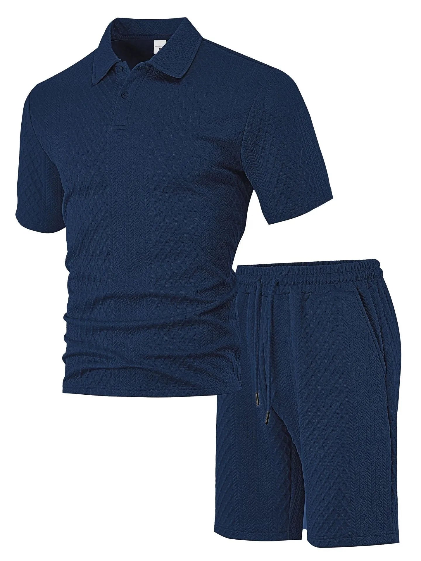 Men's thin figured cloth short sleeve casual suit in navy blue, showing Polo shirt top and trousers