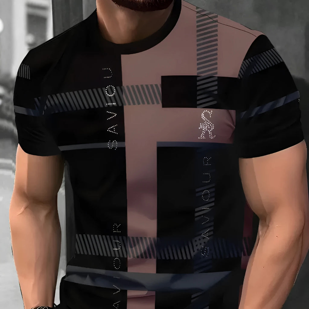 Man wearing a loose-fit short-sleeved T-shirt with a digital 3D printed stripe pattern in a casual setting.