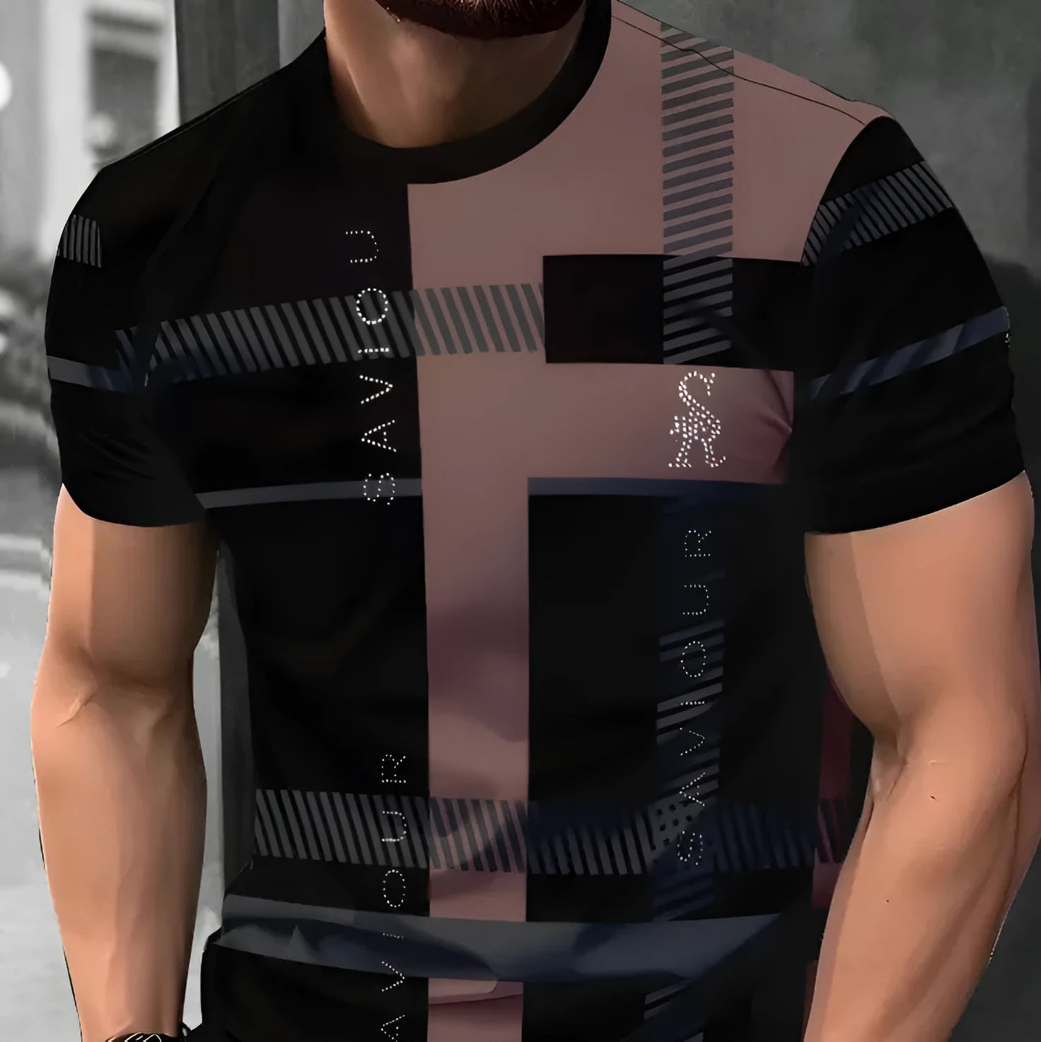 Man wearing a loose-fit short-sleeved T-shirt with a digital 3D printed stripe pattern in a casual setting.