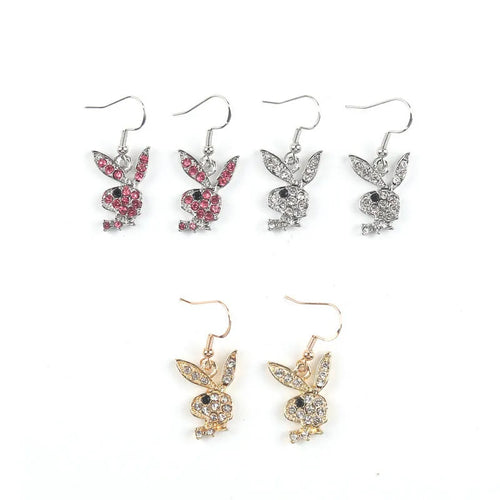 Rabbit stud earrings with diamond-cut pattern in gold, pink or silver alloy