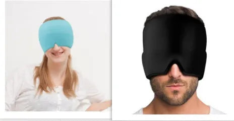 Black elastic cloth gel cold therapy eye mask for headache relief on grey background.