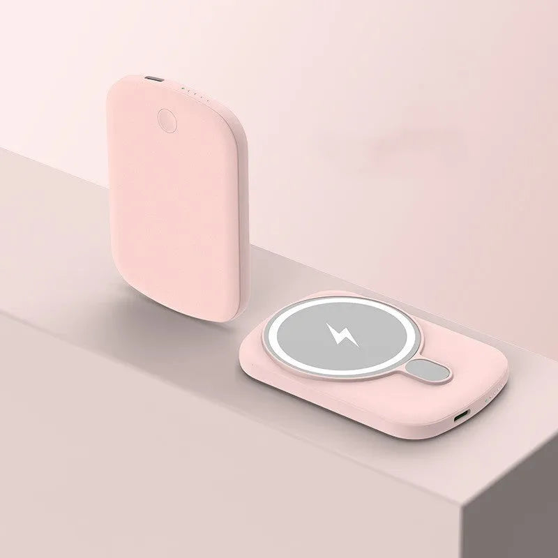 Magsafe magnetic wireless power bank in four colours showing front view with dimensions