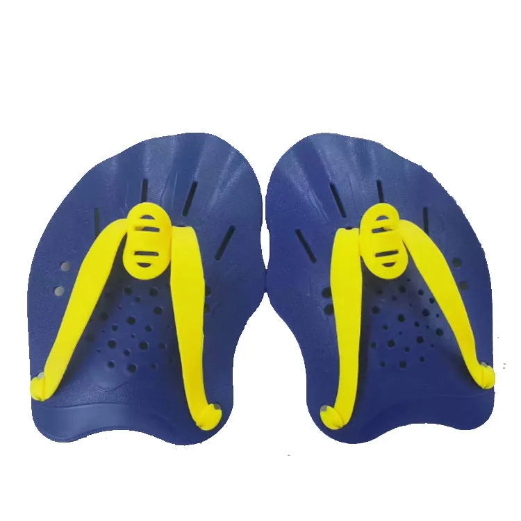 A pair of webbed swimming training hand paddles for freestyle stroke, shown in multiple colour options including dark blue with yellow.