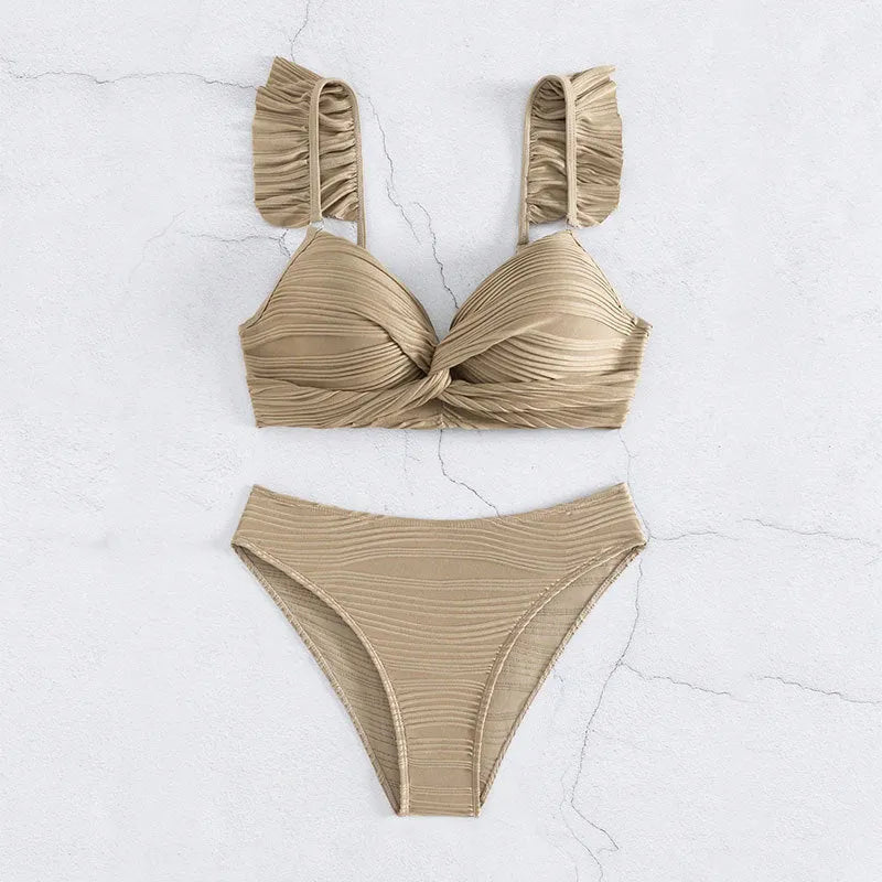 Solid colour women's bikini swimsuit in black or khaki with two-piece design