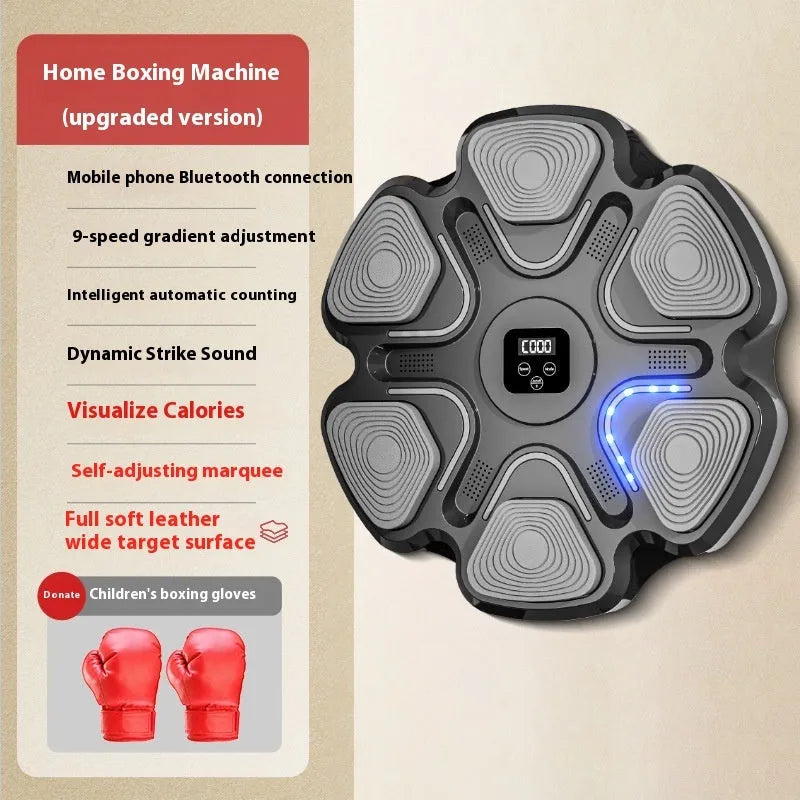 Smart electronic boxing target mounted on a wall, with black and white boxing gloves for reaction training.