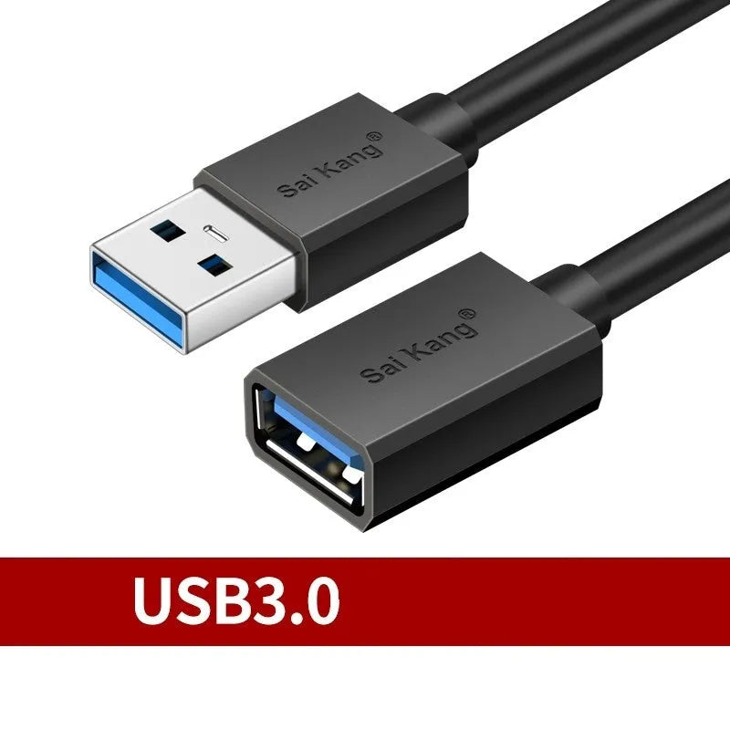 Black USB extension cable showing male and female connectors with length options from 1 to 5 metres