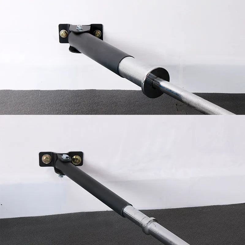Steel wall-mounted rack with 25 vertical tubes for storing barbell rods and gym equipment.