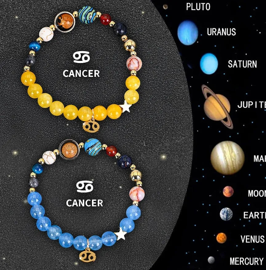 Set of twelve beaded bracelets with natural stones, each representing a different zodiac sign.