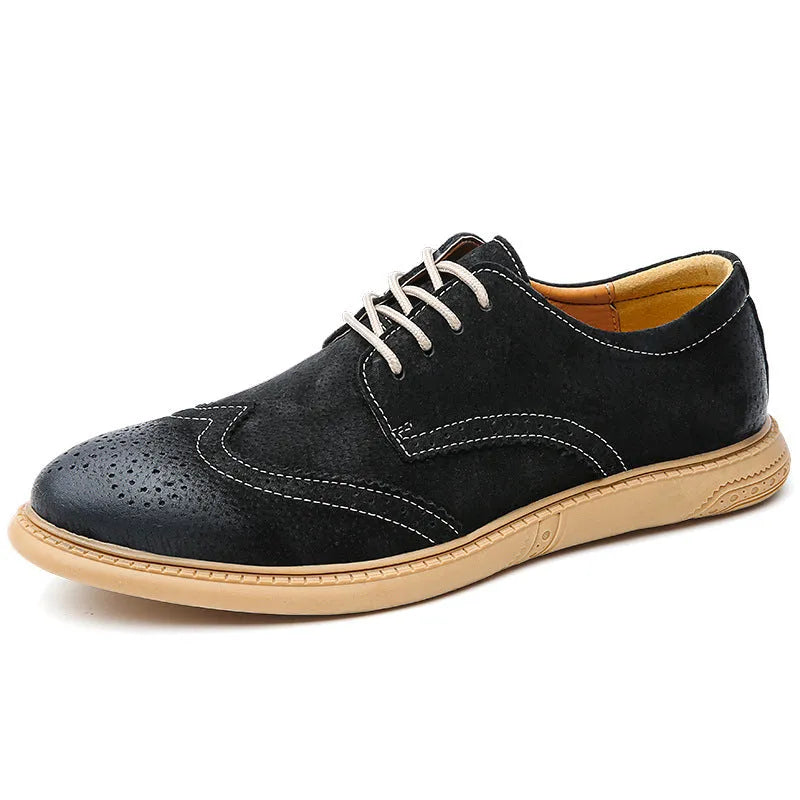 Men's black genuine cowhide leather lace-up business shoes with rubber sole on a grey background.