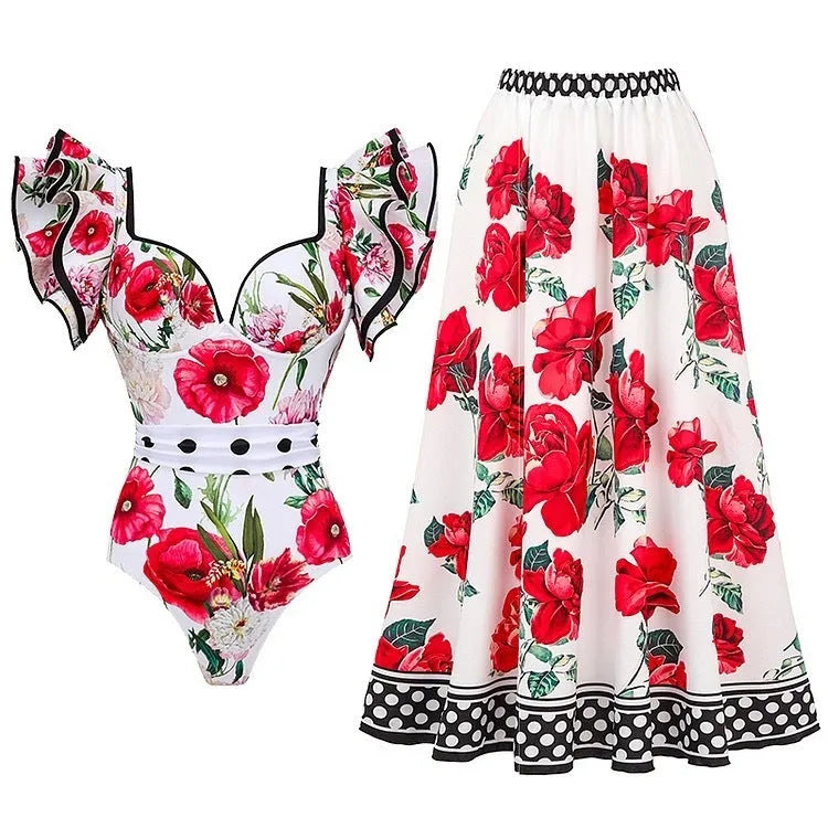 Women's one-piece swimsuit with matching skirt set in polyester fabric available in multiple colours