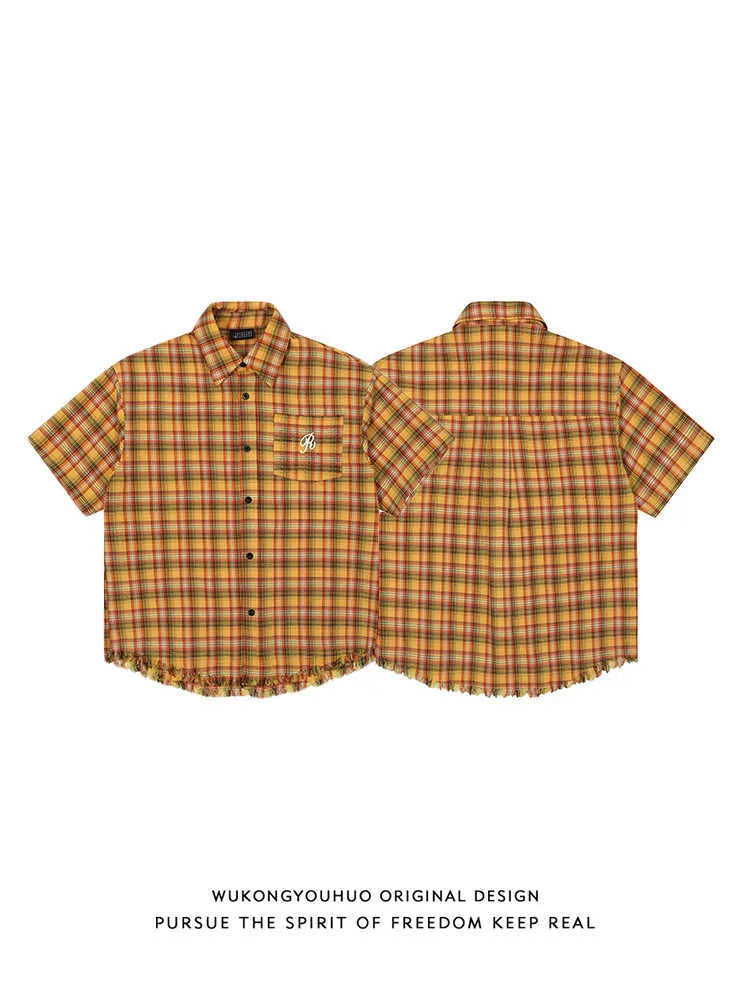 Yellow grid plaid short sleeve shirt with embroidery pocket detail in loose fit